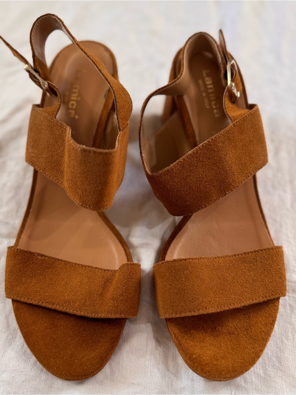 Lamica Italy Genuine Suede Block Heel Sandals Cognac Tan 41 10